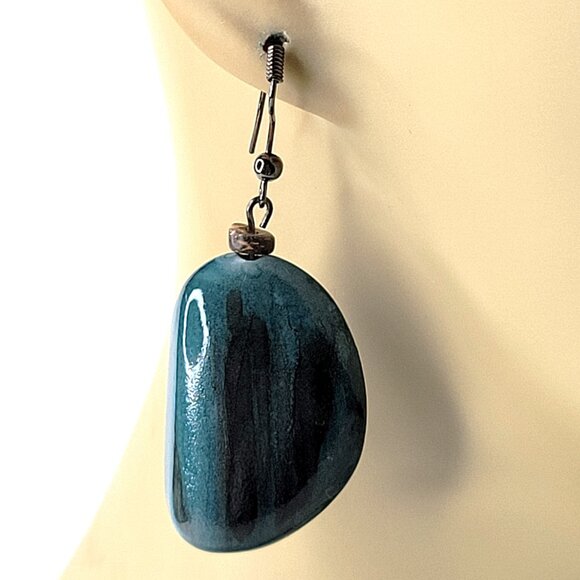 Teal/Black/Golden Colour Fusion Wood Bead Drop Earrings with Silver Tone Closure - Picture 2 of 8